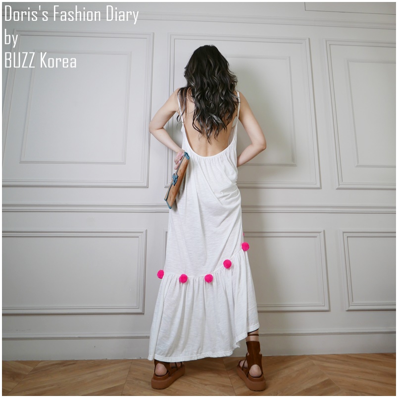 ♣ D003 Doriss Fashion Diary 訂製PomPom大湯圓大U露背長洋裝