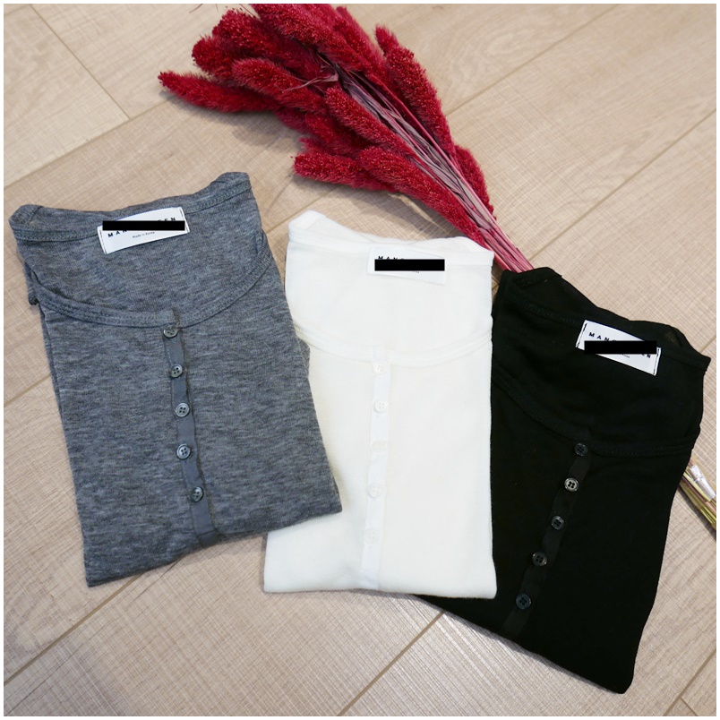 ♣ 螺紋棉排釦長袖素上衣 黑色/米白/灰色