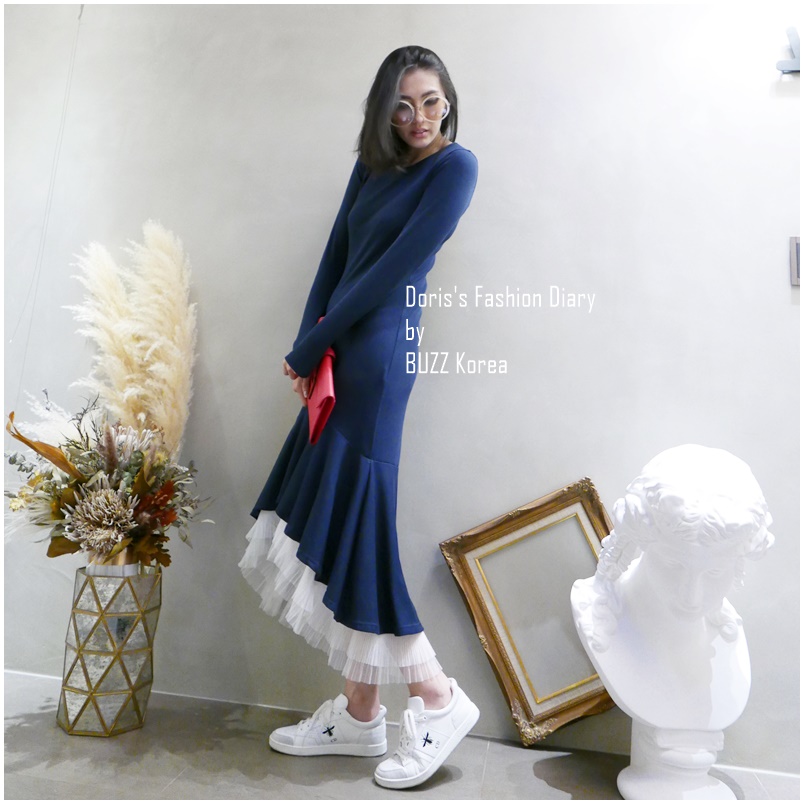 ♣ DFD螺紋棉美人魚紗裙襬長洋裝