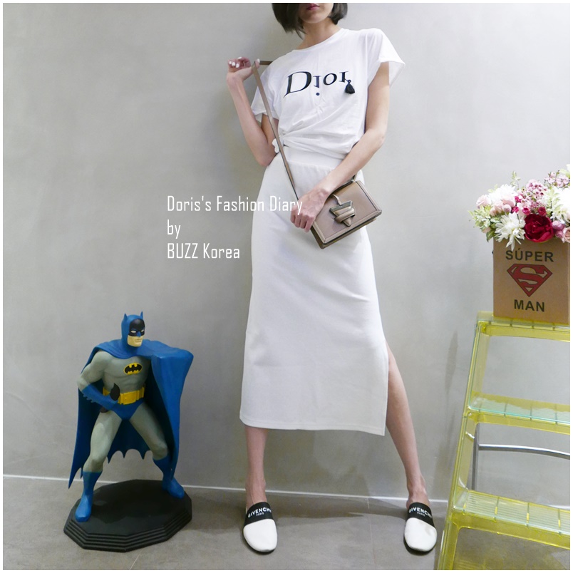 ♣ Doris’s Fashion Diary 訂製舒服棉質側開岔休閒長裙 灰色/白色 