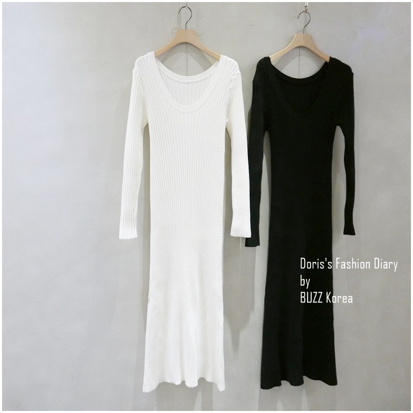 ♣  舒服螺紋棉針織素色氣質長洋裝 白色/黑色 