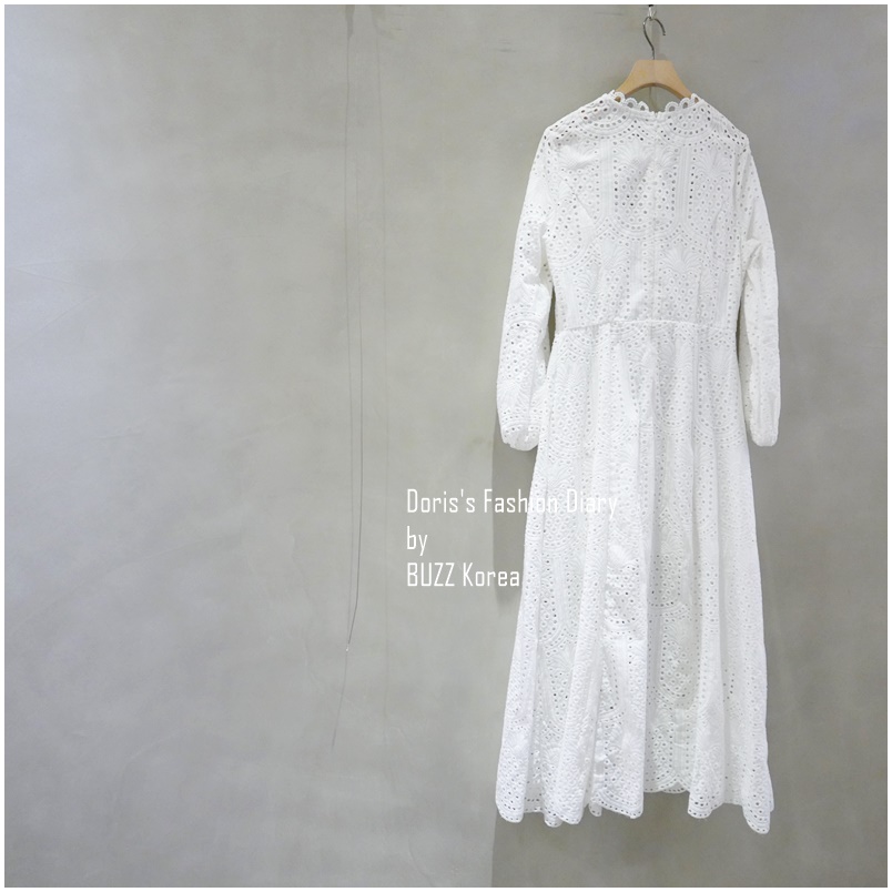 ♣  鳳梨蕾絲簍空氣質長洋裝 白色 