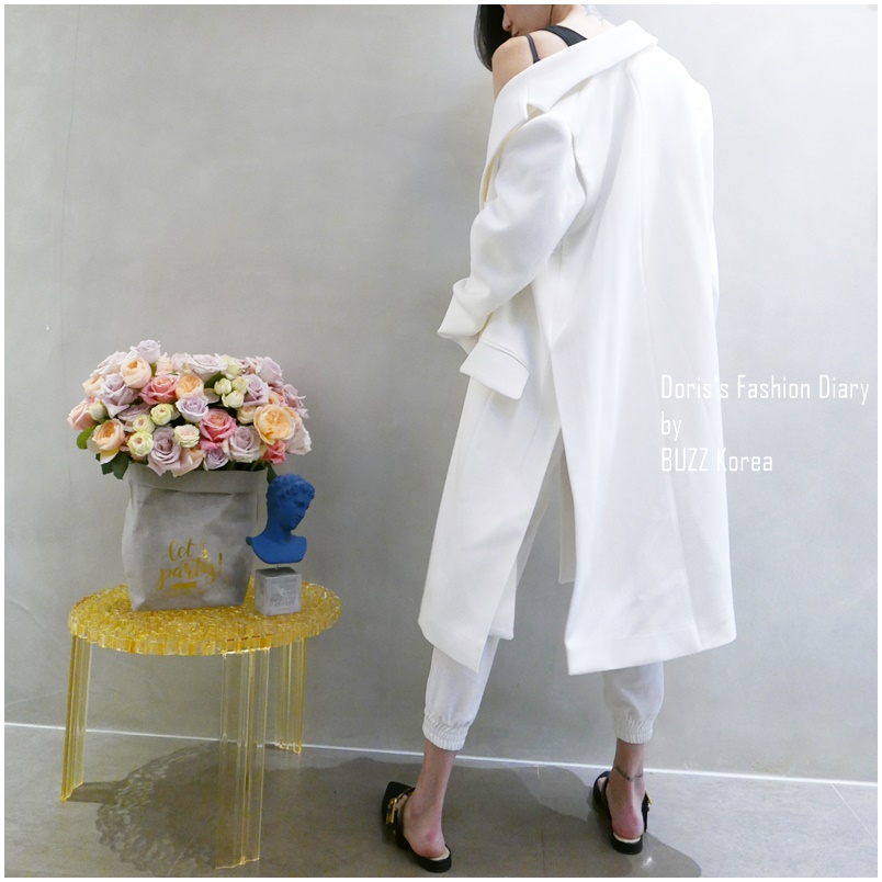 ♣ 雪紡緞質長版西裝外套大衣 白色 