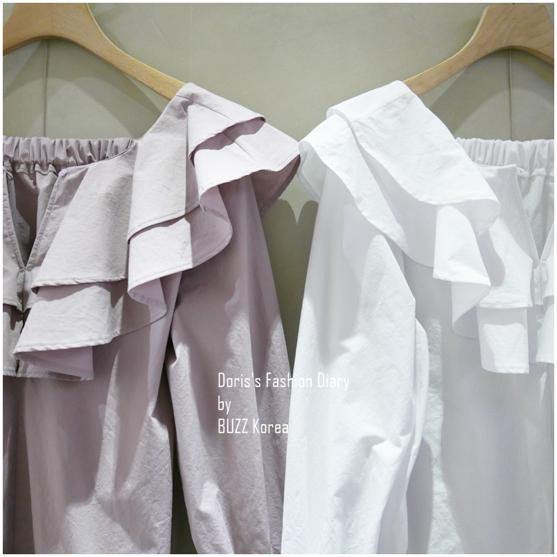 ♣ 雙層大澎荷葉可拉平肩設計上衣 白色/粉紫