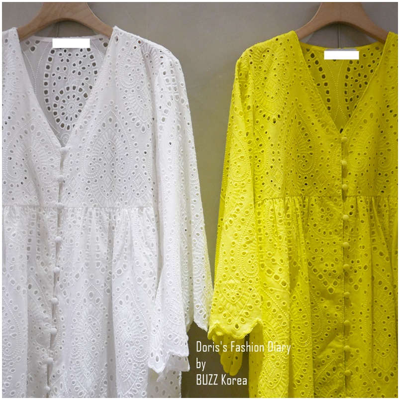 ♣  波西米亞蕾絲排釦洋裝罩衫 白色/黃色