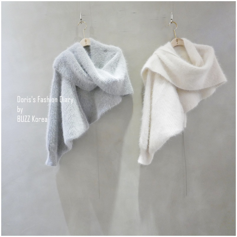 ♣ 羊毛單邊袖造型圍巾 灰色/奶油 
