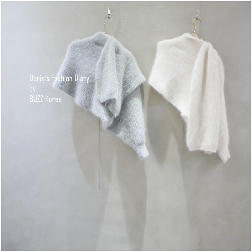 ♣ 羊毛單邊袖造型圍巾 灰色/奶油 