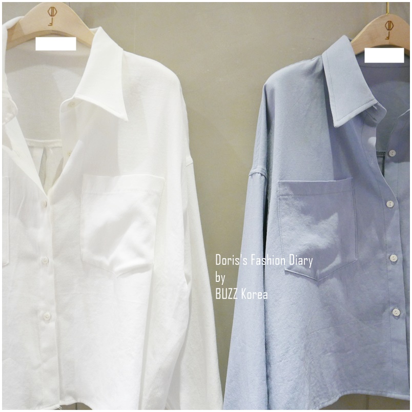 ♣ 棉麻口袋短腰襯衫 白色/Baby藍