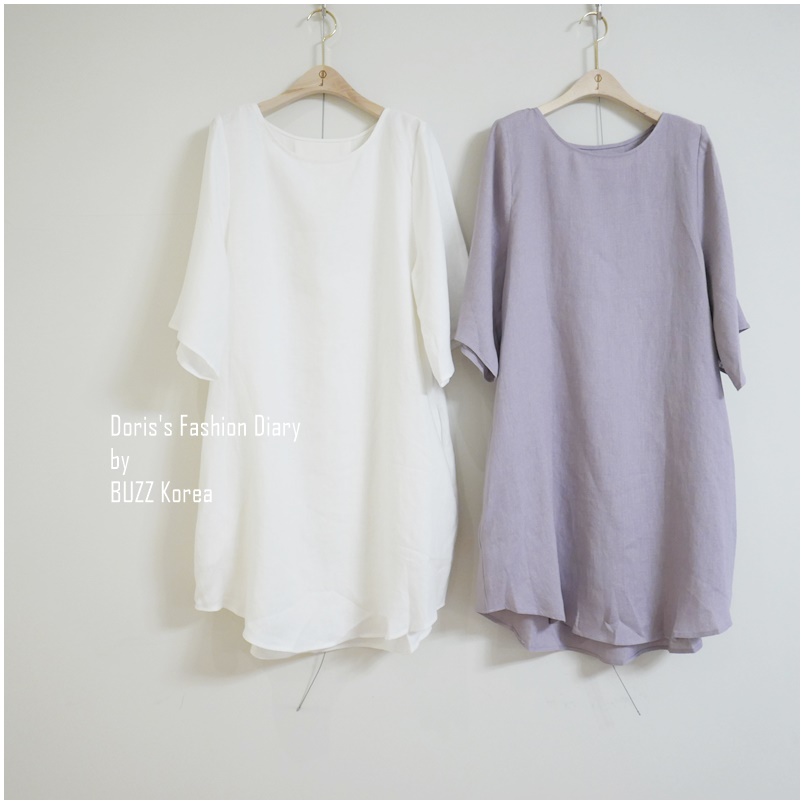 ♣ S035 日系純淨棉麻口袋洋裝 白色/粉紫 