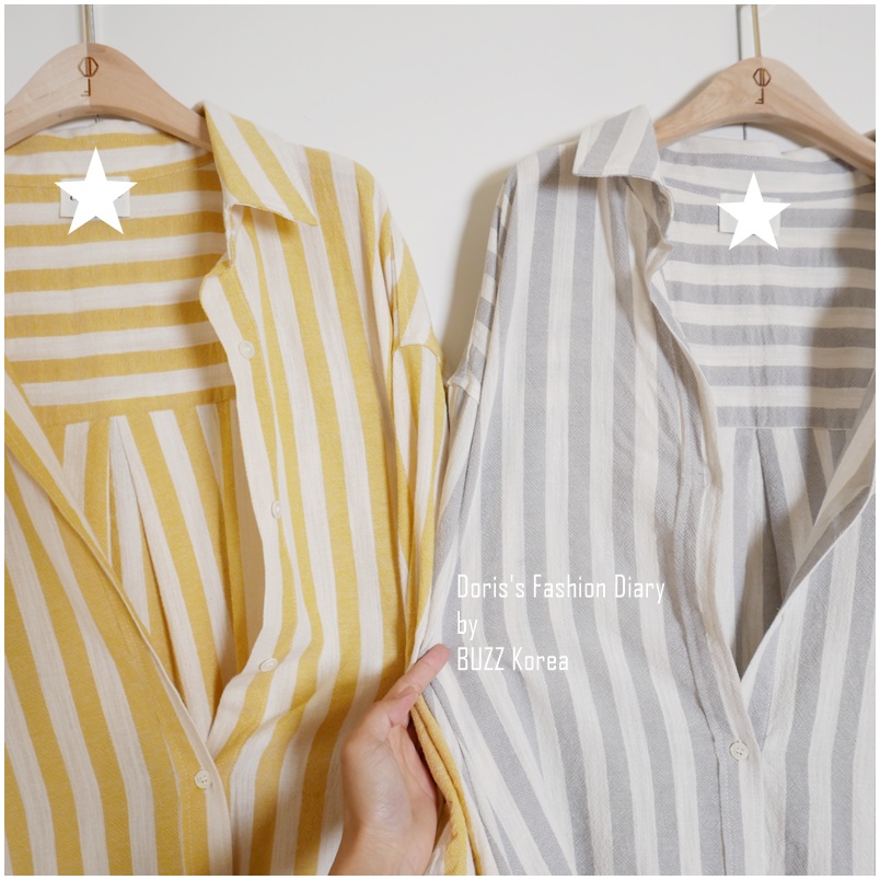 ♣ A003 從夏天穿到冬天的條文長版襯衫/罩衫 黃色/灰色/駝色 