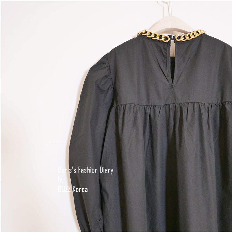 ♣ B039 粗鍊條氣質傘狀襯衫小洋裝  米色/黑色 