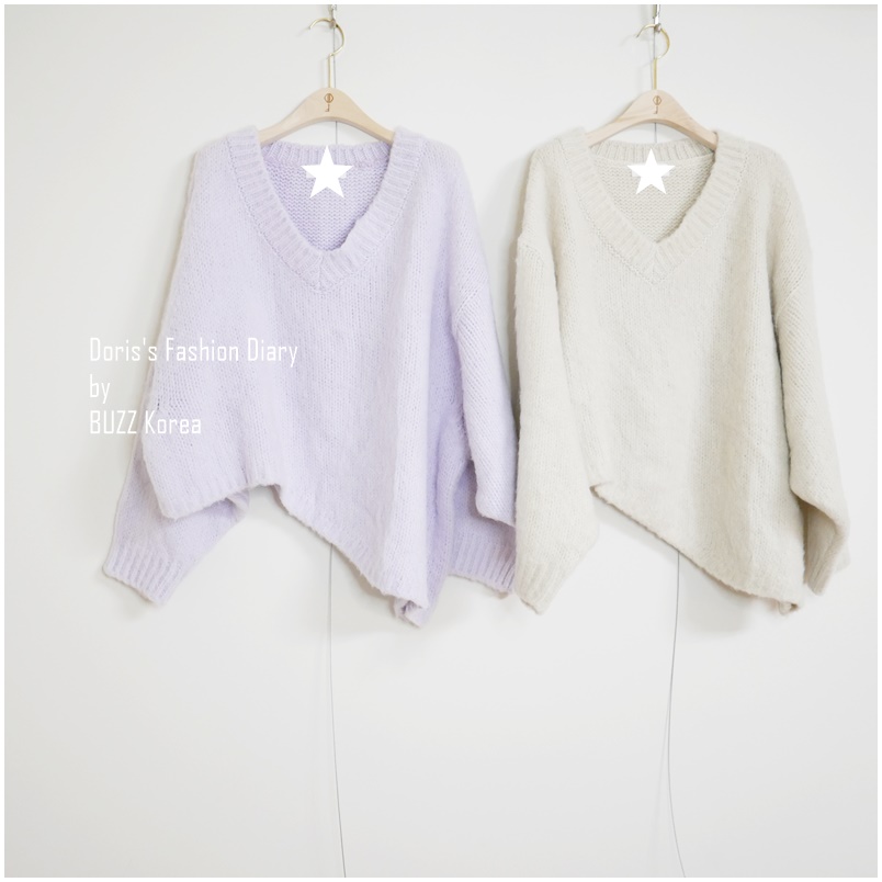 ♣  C011 大V領不規則下擺可愛造型毛衣  米色/粉紫  