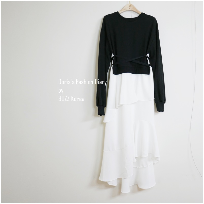 ♣  C041  衛衣+雪紡蛋糕裙襬假兩件洋裝  黑色/灰色  