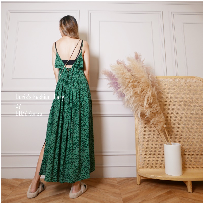 ♣  C039  綠色豹紋大V造型長洋裝 