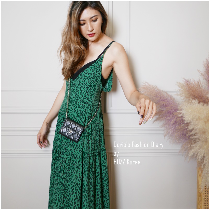 ♣  C039  綠色豹紋大V造型長洋裝 