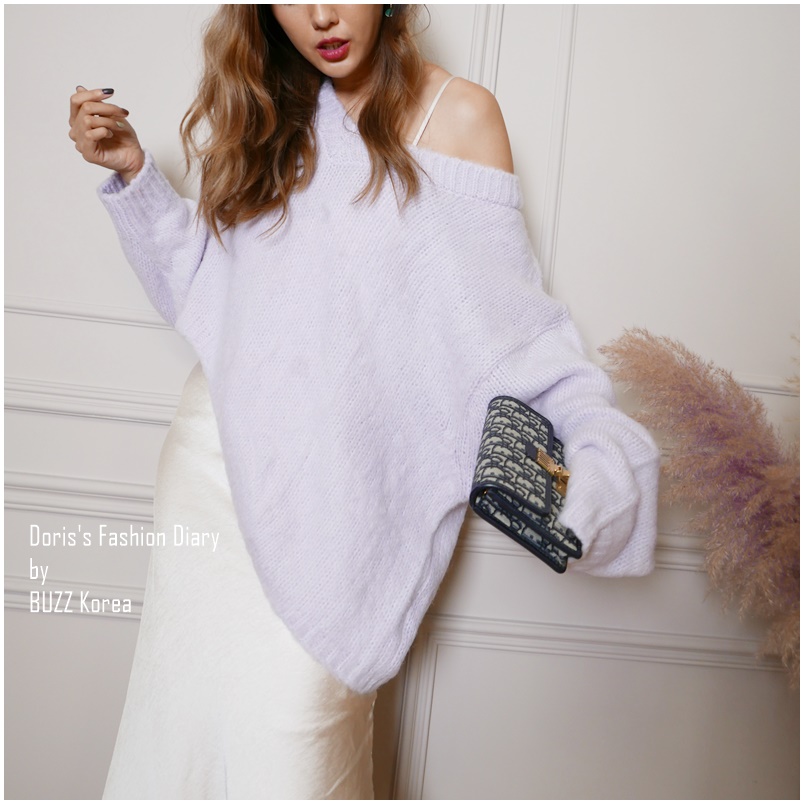♣  C011 大V領不規則下擺可愛造型毛衣  米色/粉紫  