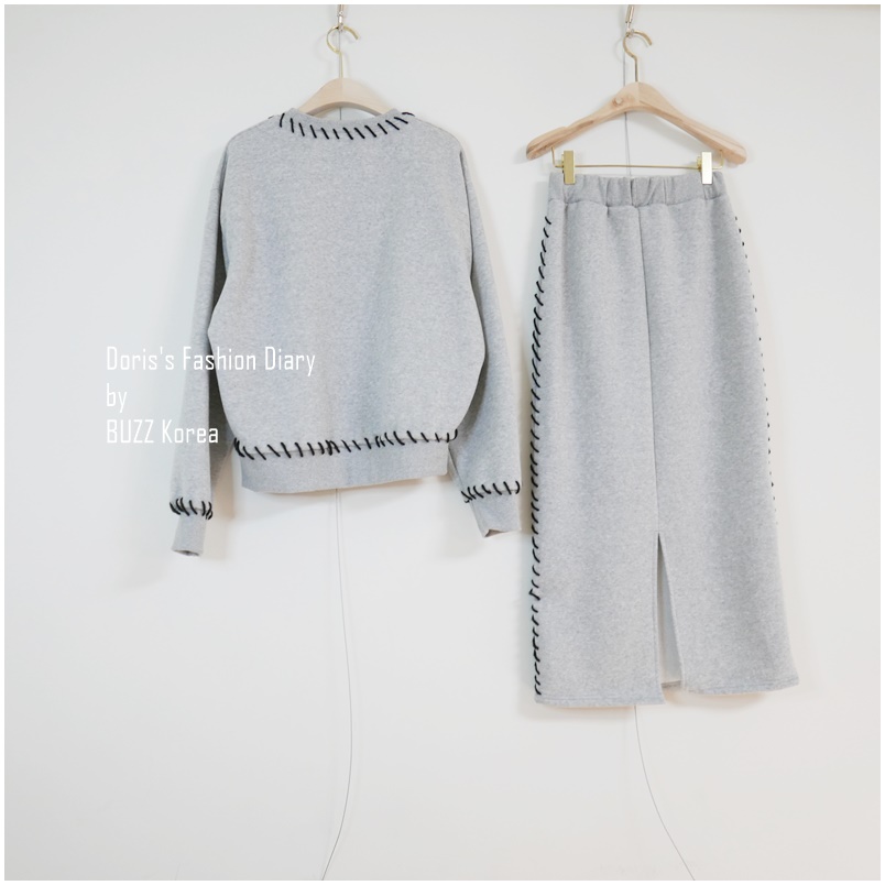 ♣  N045  棉質可愛外縫粗毛線設計刷毛衛衣窄裙套裝  (不拆售)