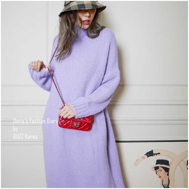 ♣  N038  馬卡龍紫高領針織毛衣長洋裝   