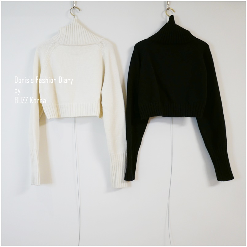 ♣  D021  短腰高領造型毛衣 米白/黑色