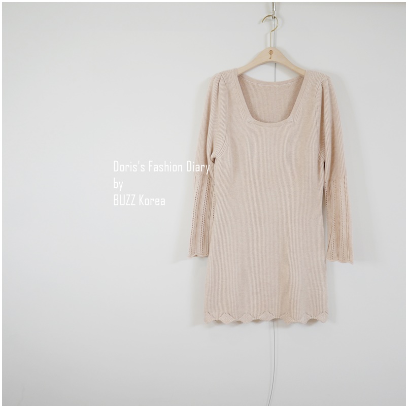 ♣  M055    粉色方領波浪裙襬氣質針織小洋裝  