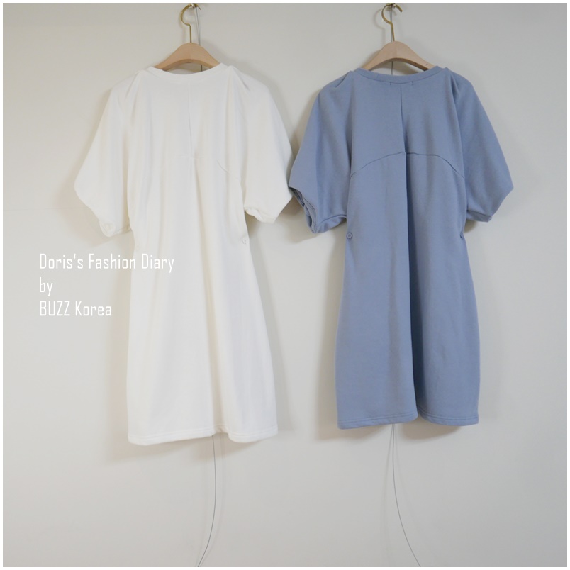 ♣  P054  2Way小扣子設計棉質A字小洋裝  白色/淺藍 