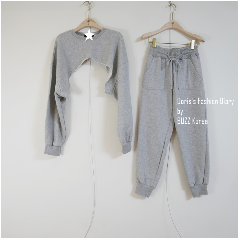 ♣  P059  棉質超短衛衣+顯瘦縮口褲運動套裝  黑色/灰色