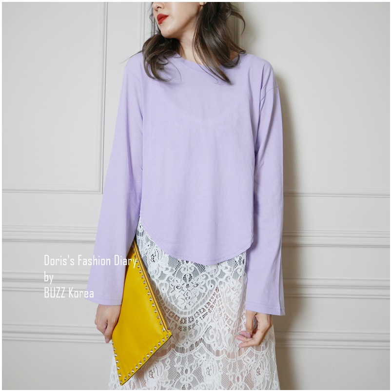 ♣  Q018   棉質前短後長圓弧下擺素色上衣  粉紫/白色