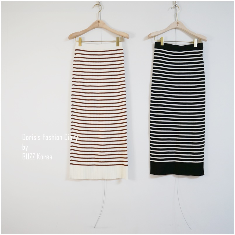 ♣  R047   螺紋棉條紋窄裙  咖白/黑色