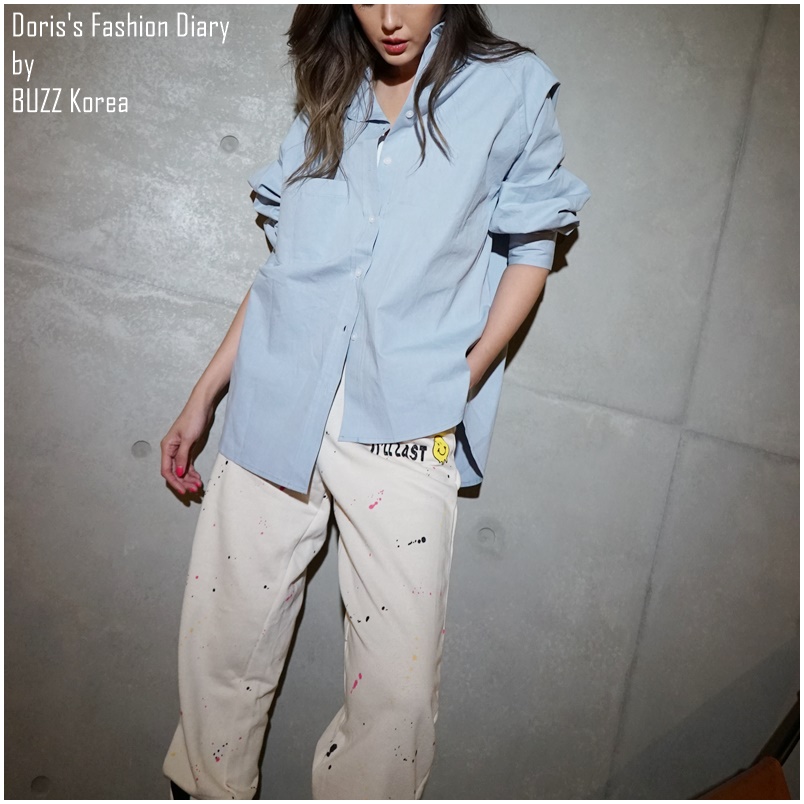 ♣ T030 水藍大口袋硬挺布料長版襯衫