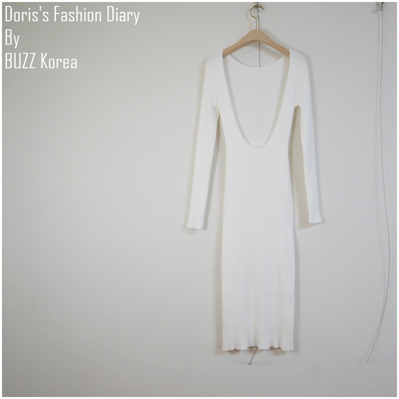 ♣ X053 螺紋針織大露背洋裝 白色