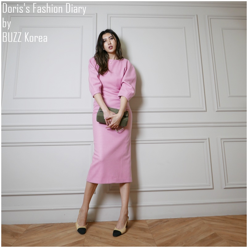 ♣ X046 芭比粉復古氣質窄裙洋裝(附珍珠細腰帶)