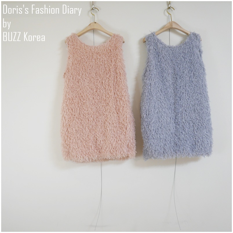 ♣ Z052 毛毛流蘇口袋背心洋裝 粉色/藍藕