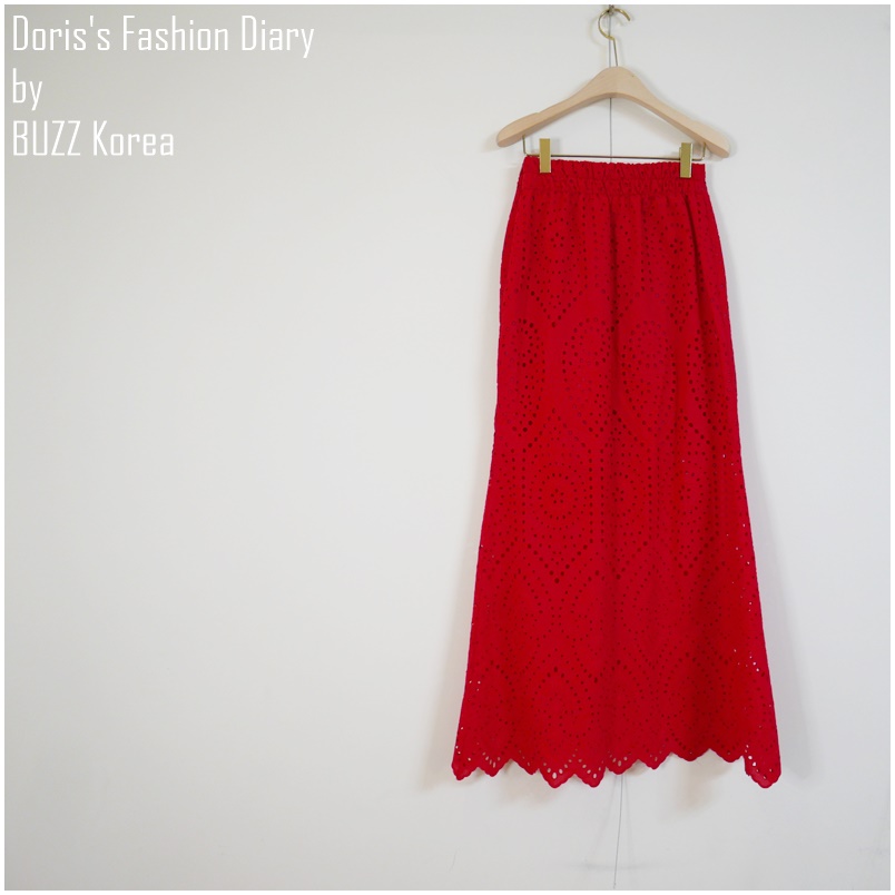 ♣ B048 紅色簍空蕾絲長裙