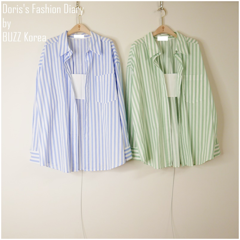 ♣ C012 假兩件條紋長襯衫 淺藍 / 淺綠