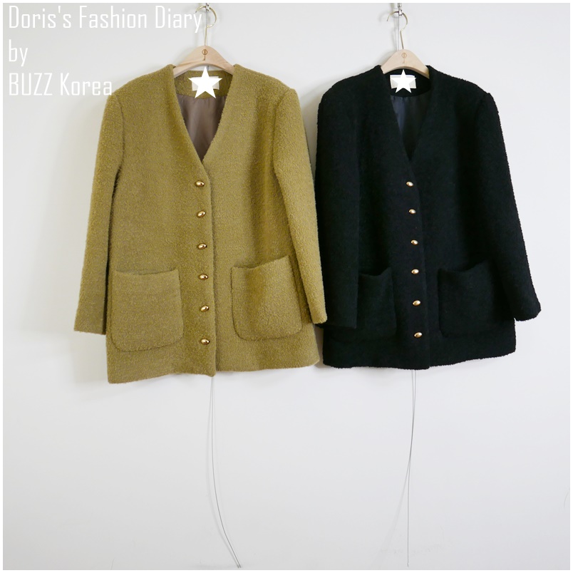 ♣ G013 時髦的蠶豆小金釦羊毛大衣外套 卡其棕/黑色/