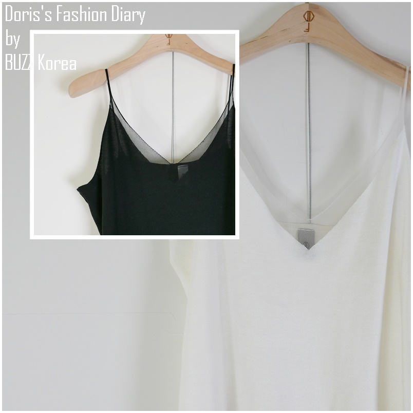 ♣ K016 Doriss Fashion Diary 訂製大V領拼接紗質細肩帶背心 奶油/黑色