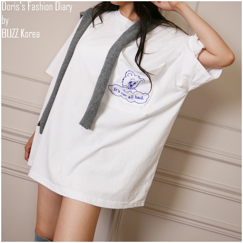 ♣ L020 Carebear T-shirt -OVER SIZE刺繡熊熊口袋Tee 