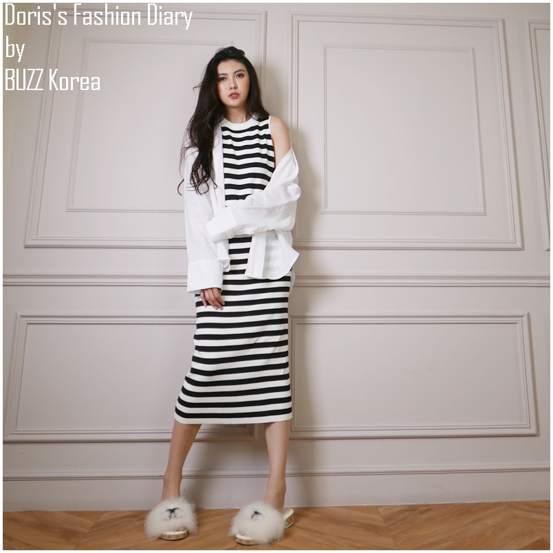 ♣ L053 Florian Knit Dress 涼感針織背心長洋裝 (黑色 / 條紋)