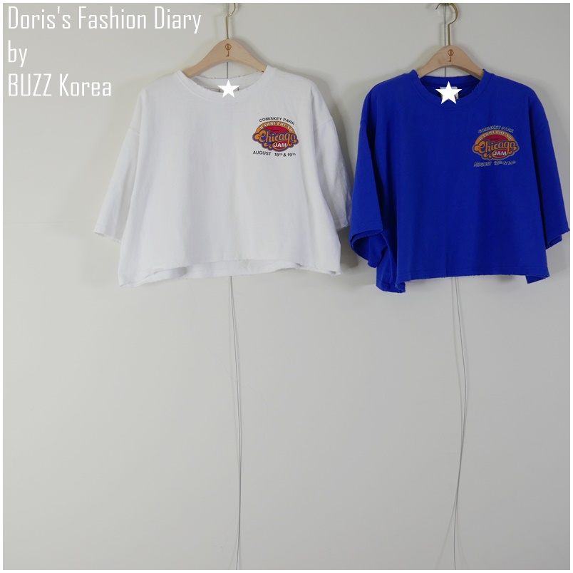 ♣ L021 Chicago T-shirt 芝加哥破破短腰棉Tee (白色/靛藍)