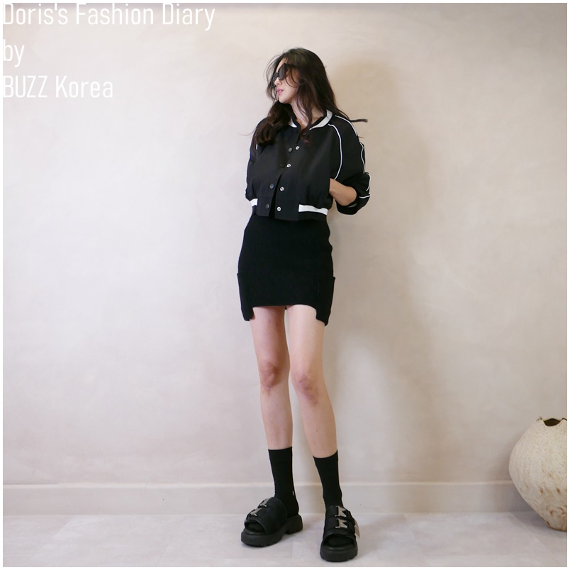 ♣ Q025 毛料螺紋口袋短裙 灰色/黑色