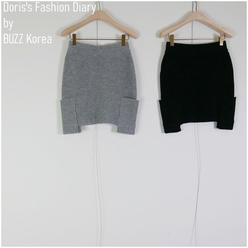 ♣ Q025 毛料螺紋口袋短裙 灰色/黑色